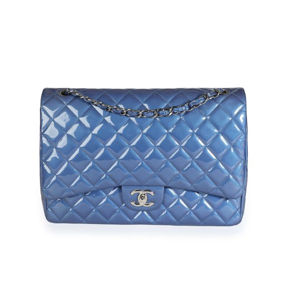 Chanel Blue Patent Leather Quilted Maxi Classic Double Flap Bag - Picture 1 of 9